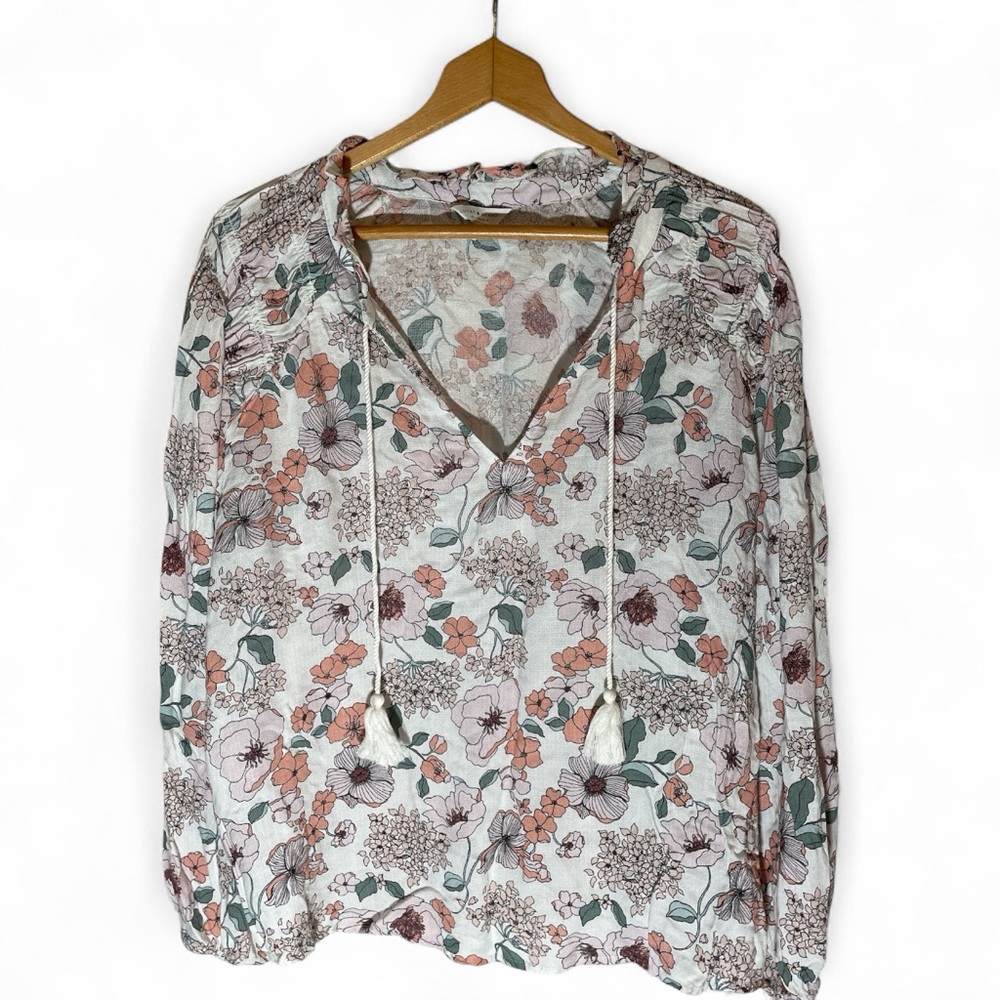 V3- Lucky Brand Floral Blouse with Pink and Green Accents